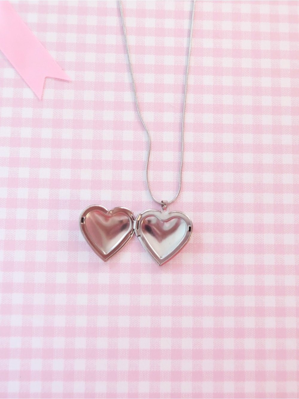 Heart Locket Pendant Necklace - Silver Pink